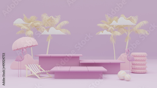 3d rendering box podium palm leaves with summer background.