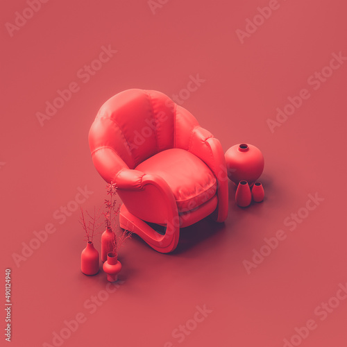 Isometric single armchair in a red room. Monochrome single red color armchair in livingroom with plant and side table. 3d Rendering © markOfshell