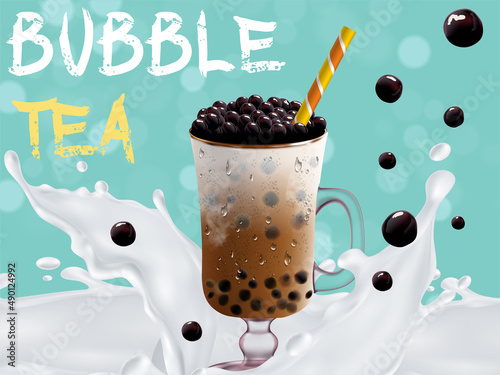 Bubble milk tea, Pearl milk tea , Different sorts of Boba. Yummy drinks. Ads with delicious tapioca.  Restaurant cafe menu, template design. Food flyer. Chalk board, retro menu restaurant poster. 