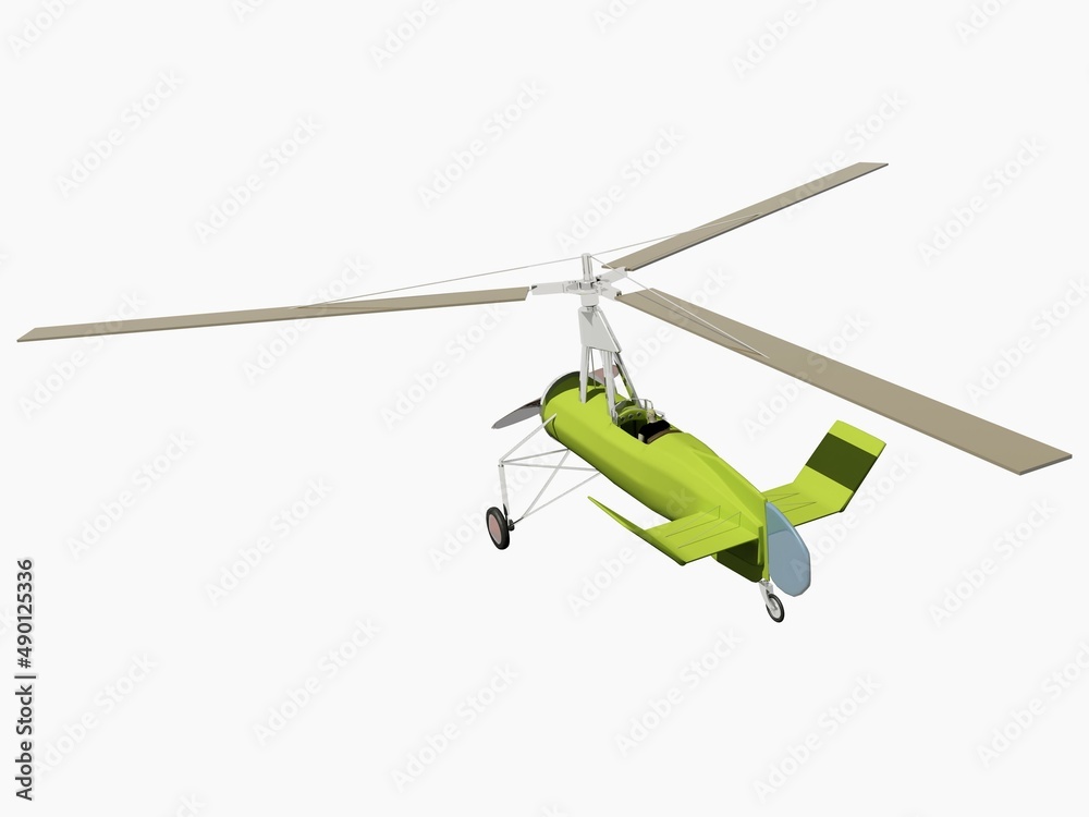 modelo 3D de autogiro La Cierva integrado en fotografías, o aislado sobre fondo blanco para permitir su uso posterior con fondos aleatorios
