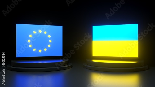 Flag of Ukraine and European Union on a dark background. International situation theme. Ukraine's accession to the European Union. Ukraine and Russia conflict. Diplomatic relations. 3d rendering