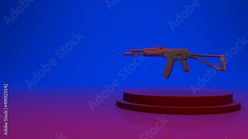 Abstract black weapon machine gun on a podium on a blue background. Red light. The concept of patriotism and unity. The concept of military conflict, protest, war and freedom. 3D visualization