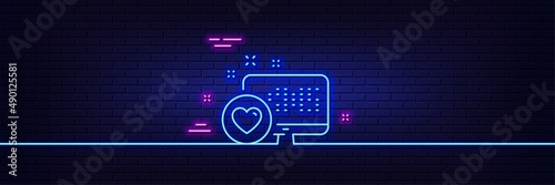 Neon light glow effect. Heart line icon. Favorite like sign. Positive feedback symbol. 3d line neon glow icon. Brick wall banner. Heart outline. Vector photo
