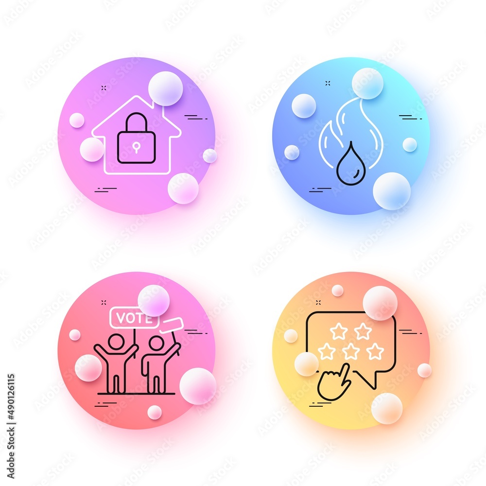 Ranking star, Lock and Voting campaign minimal line icons. 3d spheres or balls buttons. Flammable fuel icons. For web, application, printing. Click rank, House protection, People rally. Vector Ranking star, Lock and Voting campaign minimal line icons. 3d spheres or balls buttons. Flammable fuel icons. For web, application, printing. Click rank, House protection, People rally. Vector