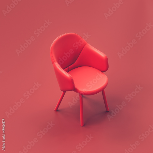 Single chair. Single red chair in red room. Monochrome red. Flat style composition. 3d rendering, isometric view,