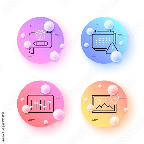 Notification, Dj controller and Cogwheel blueprint minimal line icons. 3d spheres or balls buttons. Photo location icons. For web, application, printing. Vector