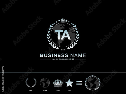 TA Letter Design, Elegant Initial Letter ta with Modern circle Leaf Globe Royal Crown and Star Logo Image photo