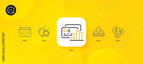 Calendar, Waterproof mattress and Money currency minimal line icons. Yellow abstract background. Balloon dart, Card icons. For web, application, printing. Vector