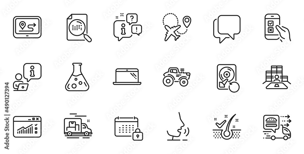 Outline set of Search file, Web traffic and Airplane line icons for web application. Talk, information, delivery truck outline icon. Include Anti-dandruff flakes, Inventory, Calendar icons. Vector