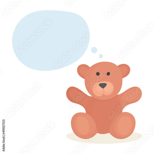 Thinking bear. Cute toy teddy bear with speech bubble. Drawing illustration in cartoon style. Part of set.