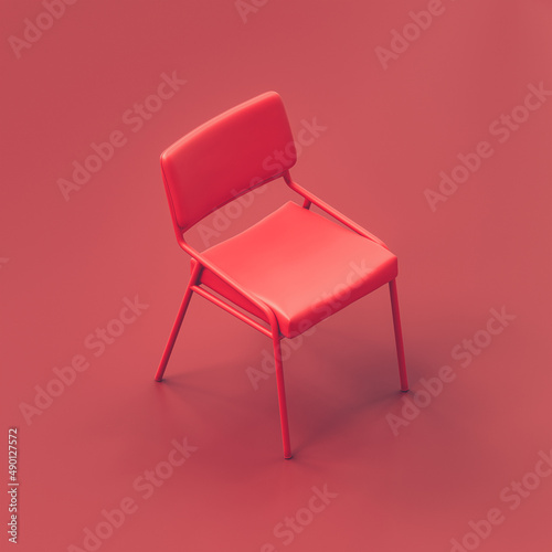 Single chair. Single red chair in red room. Monochrome red. Flat style composition. 3d rendering, isometric view,