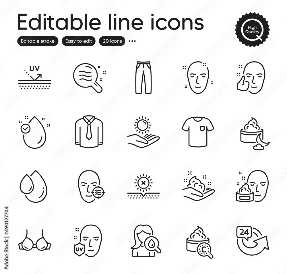 Fototapeta premium Set of Beauty outline icons. Contains icons as Pants, No sun and Healthy face elements. Collagen skin, Face cream, Uv protection web signs. Vitamin e, Bra, Skin condition elements. Vector
