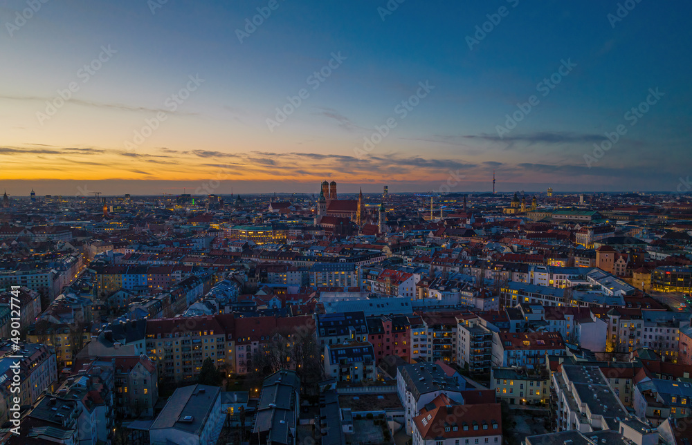 Fototapeta premium Aerial view of Munich with Frauenkirche and St. Peter's church in the center. Munich, Germany