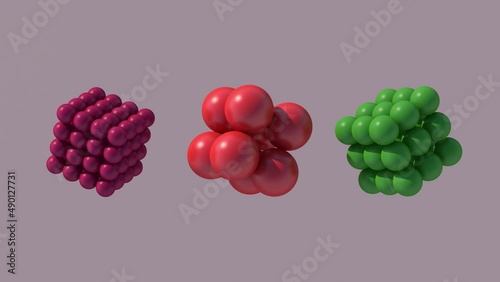 Purple, red, green abstract cubes, beige background. Animation, 3d render.
