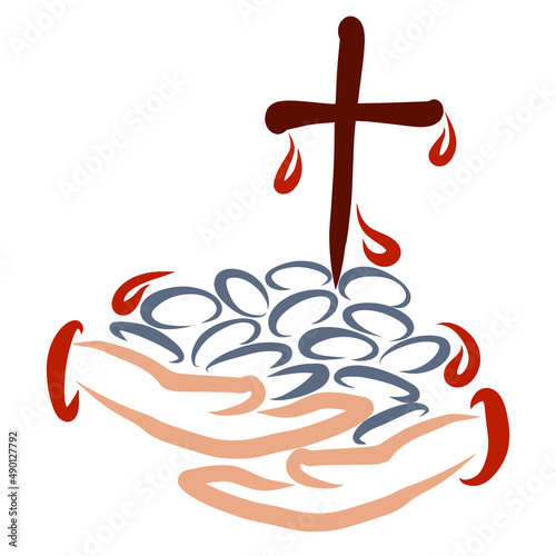 Calvary, a cross with drops of blood on a hill of thirty pieces of silver in the Fototapet