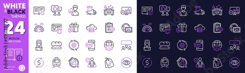 Buyer insurance, Pet tags and Web photo line icons for website, printing. Collection of Phone password, Meeting, Sale gift icons. Brush, Not looking, Technical info web elements. Vector