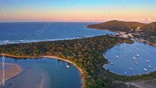 Holiday travel destination Noosa Heads aerial sea scape. Australia resort town photo