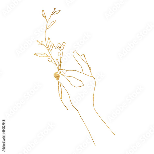 Watercolor linear gold compositiont of hand and branch. Hand painted abstract cards isolated on white background. Minimalistic illustration for design, print, fabric or background. photo