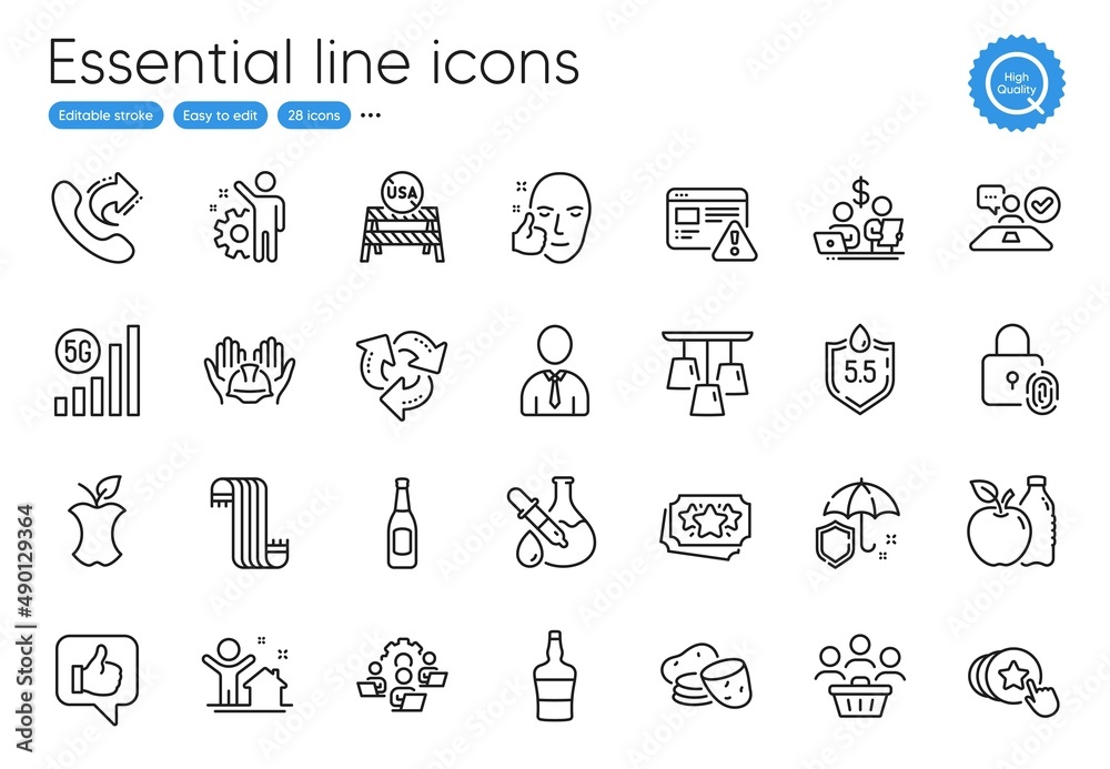 Ph neutral, Share call and Like line icons. Collection of New house, Job interview, Budget accounting icons. Umbrella, Organic waste, Human web elements. Healthy face, Ceiling lamp, Beer. Vector