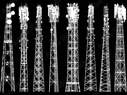 group with eight antenna towers on white