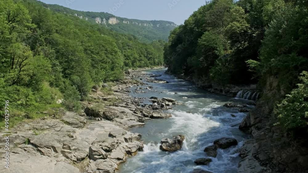 Belaya river in canyon between slopes of summer mountains, Adygea, Caucasus Mountains, 4k Belaya river in canyon between slopes of summer mountains, Adygea, Caucasus Mountains, 4k