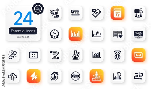 Set of Education flat icons. Web tutorials, Video conference and Graph elements for web application. Vocabulary, Best rank, Candlestick graph icons. Online accounting, Chemical formula. Vector