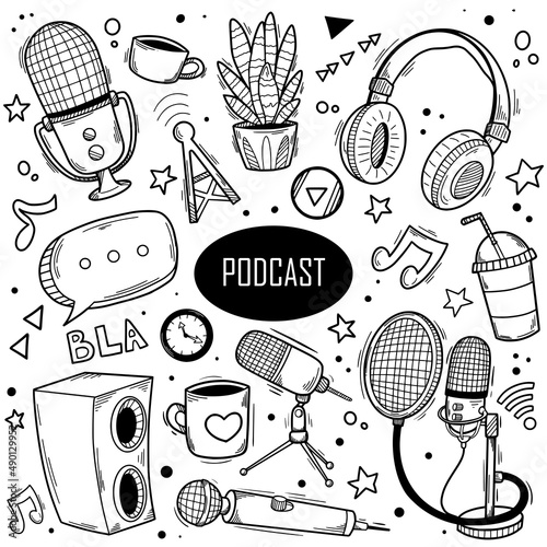 Podcast hand drawn doodles with microphone, headset, shout, on air sign, coffee mug, houseplant. Broadcast Icons Hand Drawn Doodle Coloring Vector