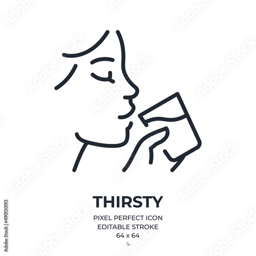 Woman drinking a glass of water. Thirsty concept editable stroke outline icon isolated on white background flat vector illustration. Pixel perfect. 64 x 64.