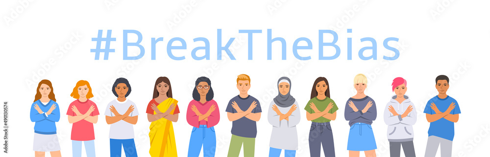 Break the bias pose International Women's Day. Diverse women and men stand with crossed arms to stop gender discrimination and fight stereotypes. People equality movement. Flat illustration