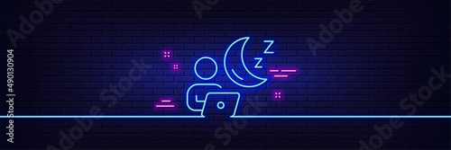 Neon light glow effect. Night shift line icon. Online insomnia sign. Dream office symbol. 3d line neon glow icon. Brick wall banner. Shift outline. Vector