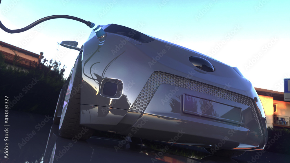 Electric car charging. Electric vehicle charging port plugging in car. 3d rendering