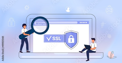 HTTPS Protected connection Secure protocol Security communication online networks Safe browsing Internet surfing on net and data sertificate encryption Vector illustration business concept Cyber text