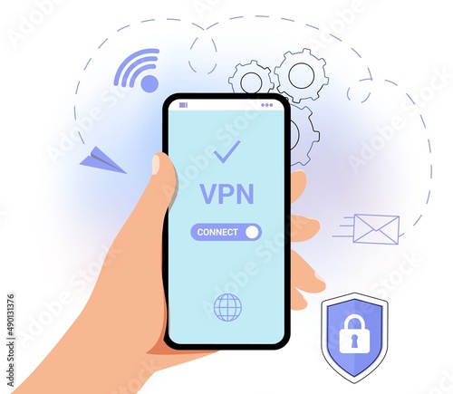 VPN Service Concept Virtual private network App for secure connection Data encryption Remote server Cloud technology Vector illustration Internet service provider Intranet access Cyber security