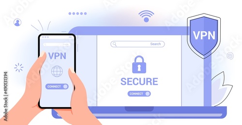 VPN Service Concept Virtual private network App for secure connection Data encryption Remote server Cloud technology Vector illustration Internet service provider Intranet access Cyber security