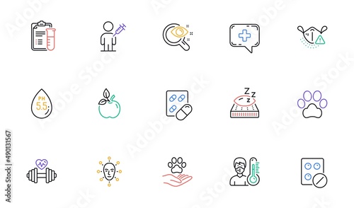 Medical analyzes, Pets care and Dog paw line icons for website, printing. Collection of Medical mask, Face biometrics, Thermometer icons. Vision test, Dumbbell, Capsule pill web elements. Vector