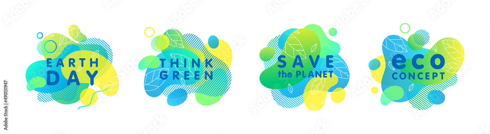 Set of bio,eco,organic,natural stickers,patches,logos with green gradient shapes.Fluid compositions for Earth Day,zero waste,prints,labels,flyers,banners design.Eco friendly lifestyle concepts.
