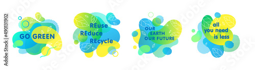 Set of bio,eco,organic,natural stickers,patches,logos with green gradient shapes.Fluid compositions for Earth Day,zero waste,prints,labels,flyers,banners design.Eco friendly lifestyle concepts.