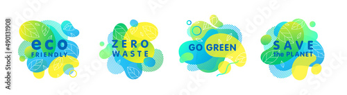 Set of bio,eco,organic,natural stickers,patches,logos with green gradient shapes.Fluid compositions for Earth Day,zero waste,prints,labels,flyers,banners design.Eco friendly lifestyle concepts.