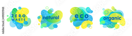 Set of bio,eco,organic,natural stickers,patches,logos with green gradient shapes.Fluid compositions for Earth Day,zero waste,prints,labels,flyers,banners design.Eco friendly lifestyle concepts.