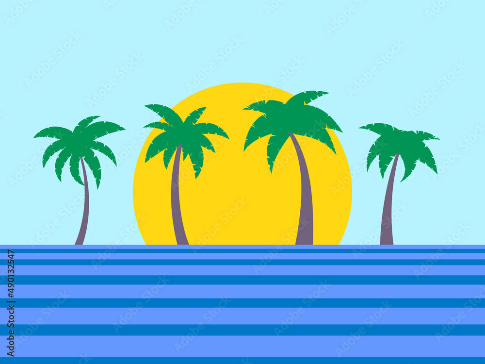 Palm trees at sunrise. Summertime, palm trees against the backdrop of the sun. Design of advertising booklets and banners. vector illustration