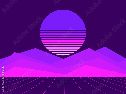 Virtual reality sunset in the style of 80s. Sci-fi landscape with retro sun, metaverse. Synthwave and retrowave style. Design for banners, promotional materials and posters. Vector illustration
