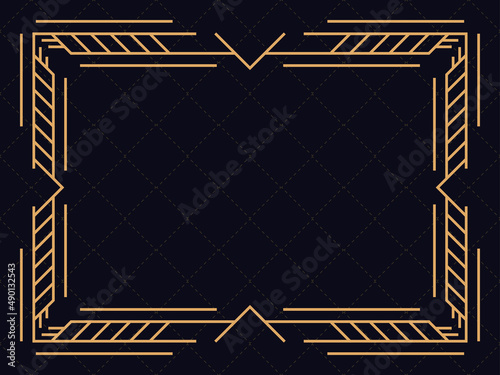 Art deco frame. Vintage linear border. Design a template for invitations, leaflets and greeting cards. Geometric golden frame. The style of the 1920s - 1930s. Vector illustration