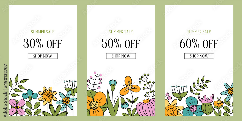 Vector summer sale posters set with 30, 50, 60% off discount text and colorful flower elements for store marketing promotion. Special Events. Banners design, social media posts, mobile apps, web ads.