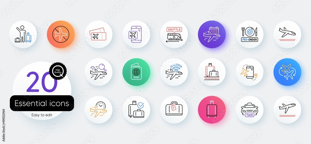 Airport line icons. Bicolor outline web elements. Boarding pass, Baggage claim, Arrival and Departure. Connecting flight, tickets, pre-order food icons. Vector