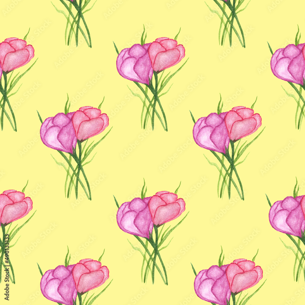 Floral seamless pattern. Pink crocus, spring flower on a yellow background. Watercolor illustration. For textile, background, wallpaper, packaging.