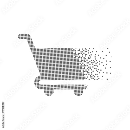 Shopping trolley icon speeding pixel dot. The grocery cart pixel is flat-solid. Dissolved and dispersed moving dot art. Integrative and integrative pixel movement. Modern icon Speed ​​and ports.