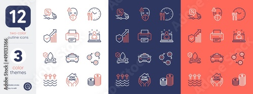 Set of Friends community, Delivery discount and Best manager line icons. Include Taxi, Currency, Food time icons. Printer, Evaporation, Medical mask web elements. Flood insurance. Vector
