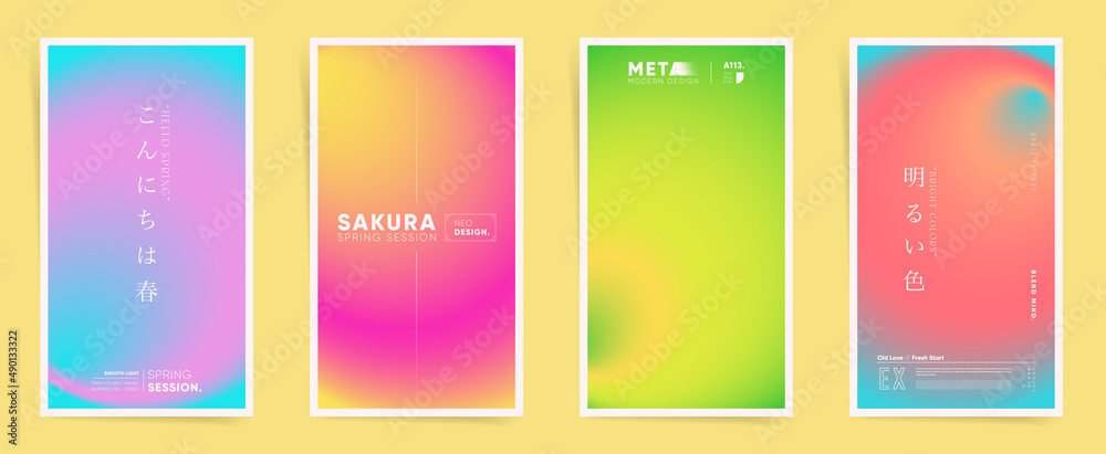 Japanese spring neon vertical stories, gradient cover template design set for poster, social media post and stories banner. Neo cyberpunk gradient bright post. Vector springtime space vivid set.
