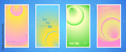 Space spring neon vertical stories, gradient cover template design set for poster, social media post and stories banner. Blurry circular gradient vibrant dynamic post. Vector aesthetic springtime kit.