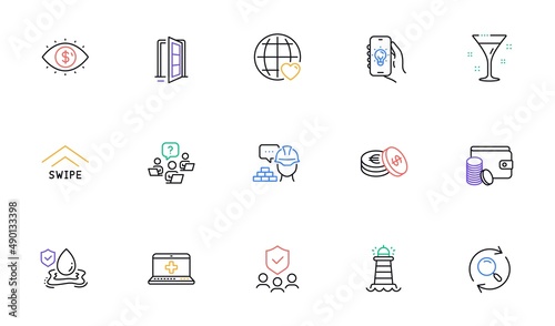 Business vision, Lighthouse and Electric app line icons for website, printing. Collection of Medical help, Flood insurance, Security agency icons. Cocktail, Build, Open door web elements. Vector